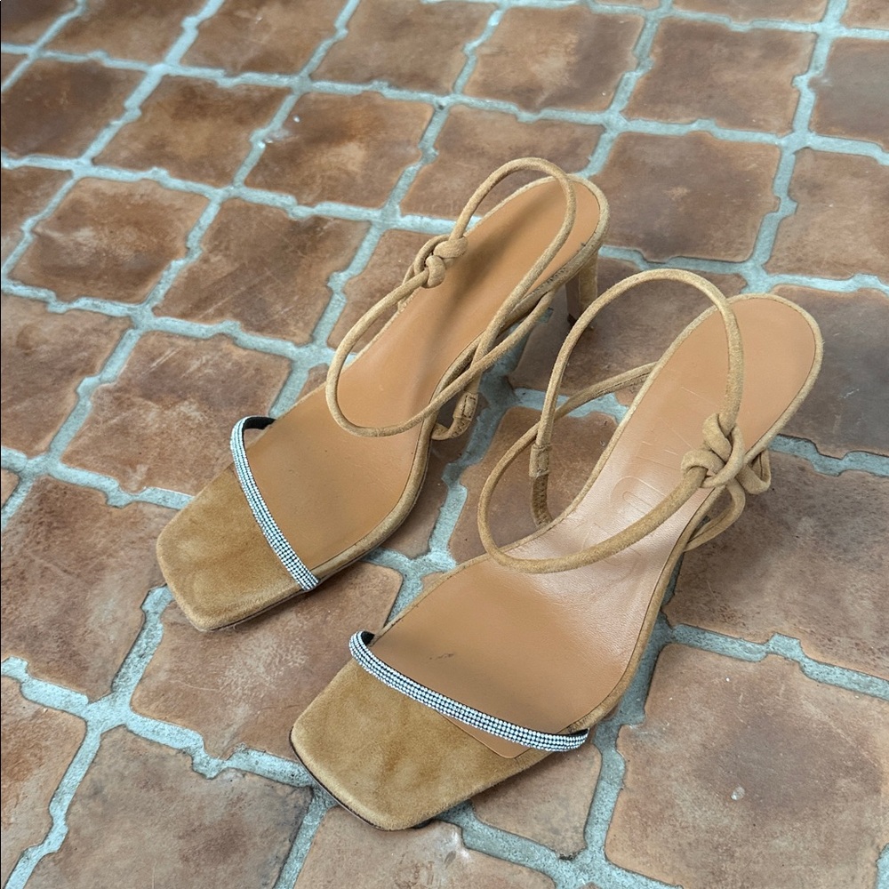 STAUD Tan Suede Strappy Heeled Sandals Rhinestone laurel Crystal heel size 38.5 - Picture 10 of 16
